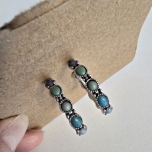 Ralph Lauren Chaps Silver Tone Hoop Stone Post Earrings Blue Teal * READ*